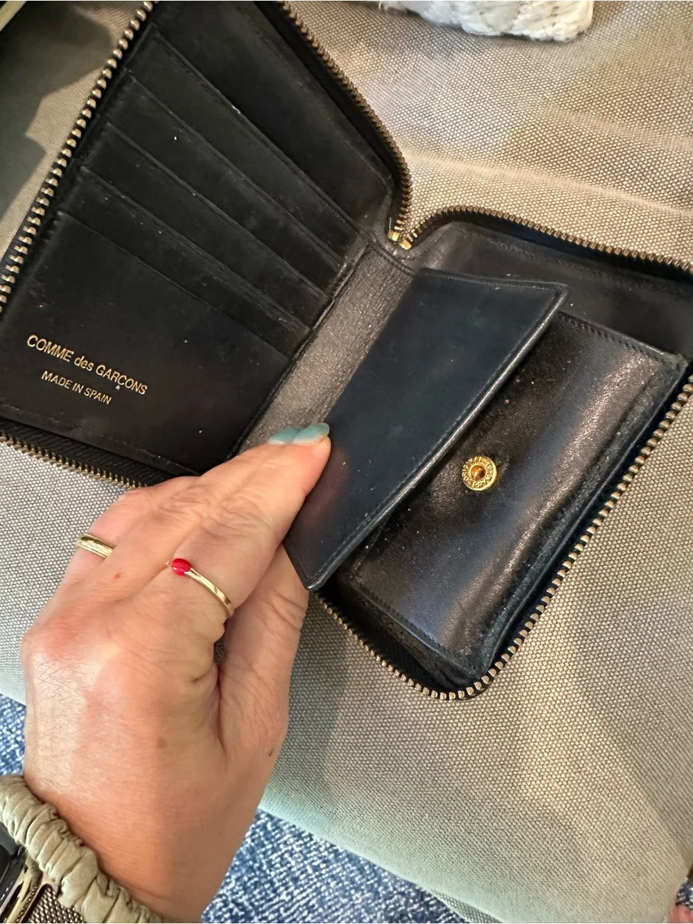 Comme des Garçons Black Textured Zip Wallet with Gold Hardware